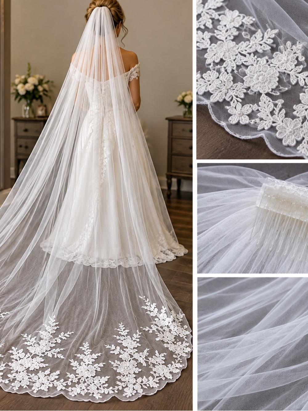 Cathedral length wedding veil with lace edging